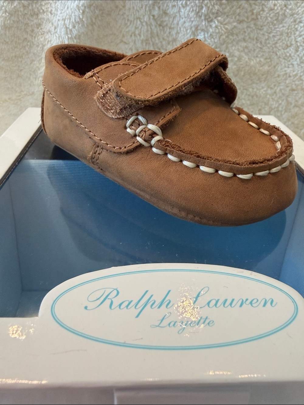 Ralph Lauren Tan Brown Suede Baby Moccasin with Velcro Strap